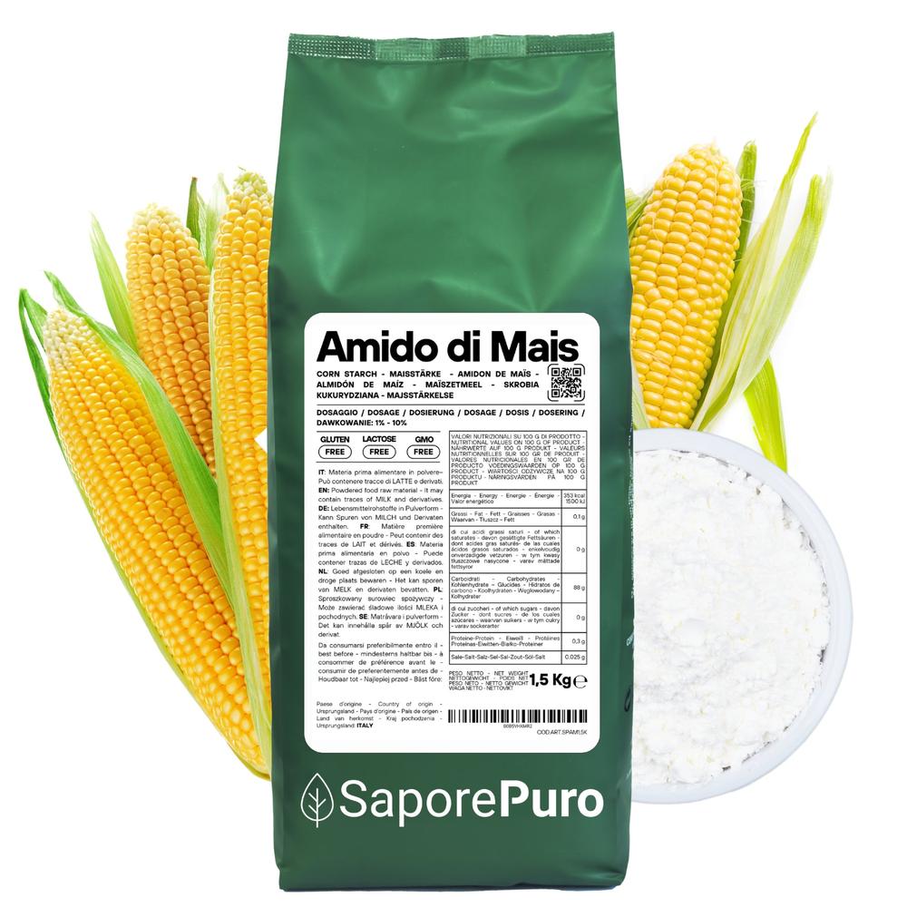 Amido di mais Nativo SaporePuro, addensante naturale e gluten free, in confezione con amido di mais bianco e polvere fine